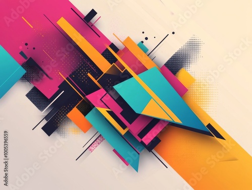 2408 42.A sleek vector banner design with abstract geometric elements in vibrant colors. The composition includes overlapping shapes like triangles and squares with sharp lines, arranged on a clean photo