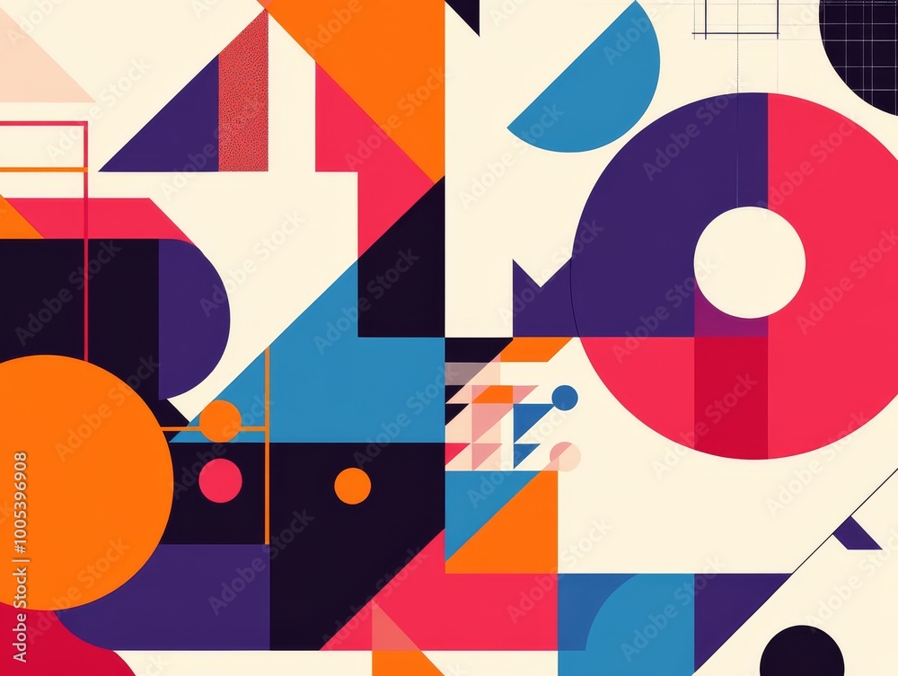 2408 47.A modern Bauhaus-inspired geometric background with vibrant gradient shapes and clean lines. The composition features a mix of retro circles, triangles, and squares in bold primary colors, 2408 47.A modern Bauhaus-inspired geometric background with vibrant gradient shapes and clean lines. The composition features a mix of retro circles, triangles, and squares in bold primary colors,