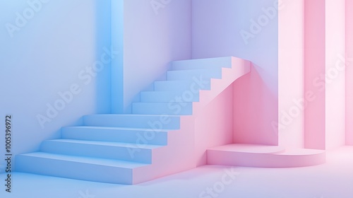 3d render, abstract background with steps and staircase, in pink and blue pastel colors. Architectural design elements. 