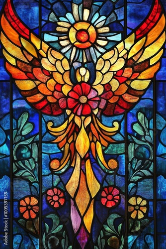 Colorful stained glass window with angel design.