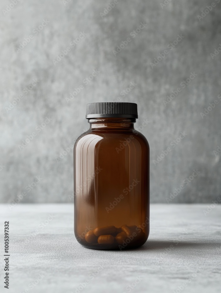 Clear Glass Bottle with Black Cap, Containing Capsules Clear Glass Bottle with Black Cap, Containing Capsules