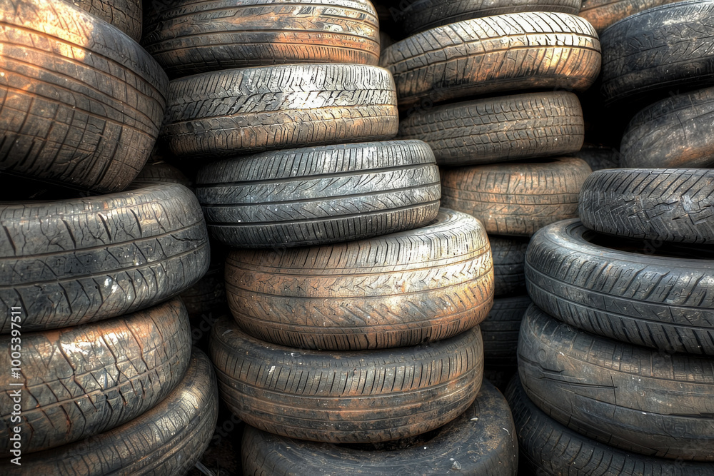 A stack of used tires in a recycling yard, showcasing worn rubber surfaces and patterns. A stack of used tires in a recycling yard, showcasing worn rubber surfaces and patterns.