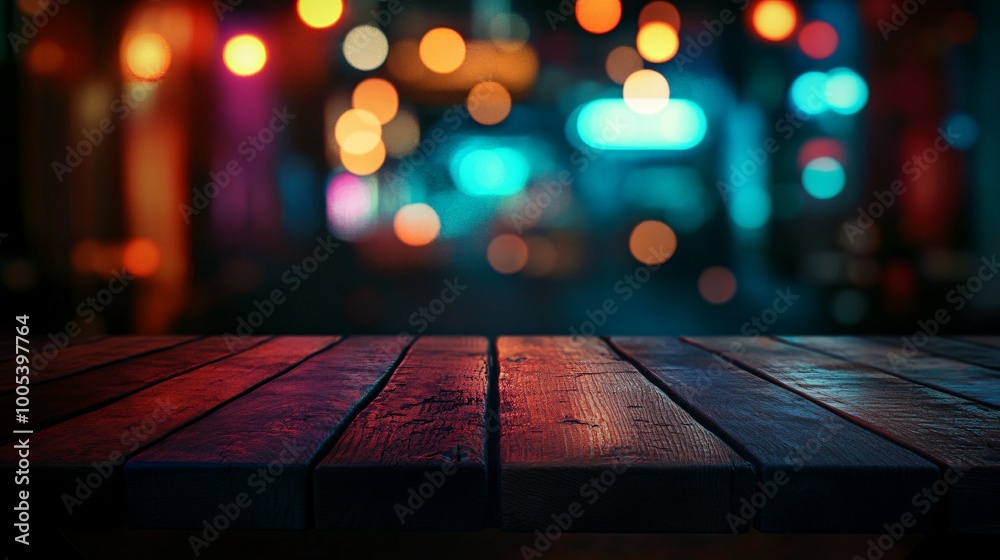 Wooden Tabletop with Blurred Bokeh Lights