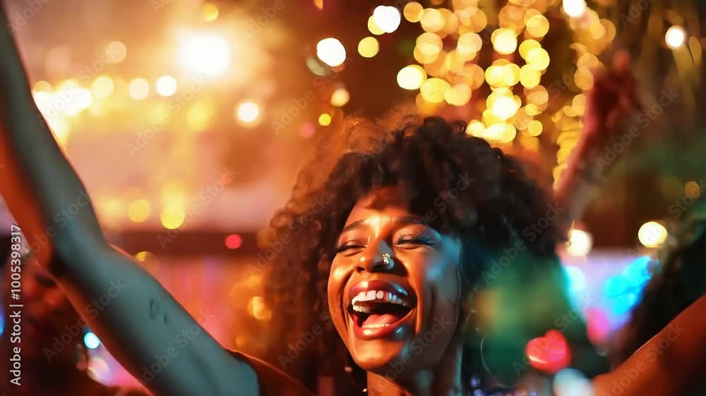 Joyful Woman Dancing at Festive Party with Bokeh Lights in Background Joyful Woman Dancing at Festive Party with Bokeh Lights in Background