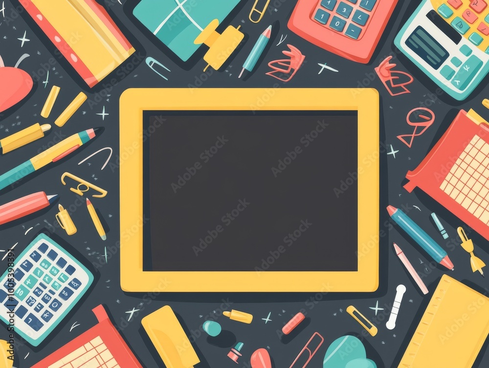 2408 77.A cheerful vector illustration of a back-to-school season concept. The background is filled with school accessories like books, pens, and calculators arranged in a pattern, with a bright 2408 77.A cheerful vector illustration of a back-to-school season concept. The background is filled with school accessories like books, pens, and calculators arranged in a pattern, with a bright