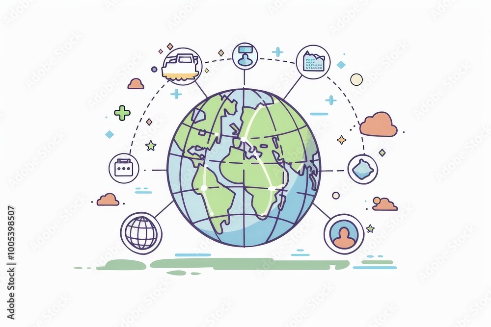 Illustration of a globe with various icons symbolizing global communication, technology, and connectivity. Illustration of a globe with various icons symbolizing global communication, technology, and connectivity.