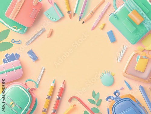 2408 80.A poster-style back-to-school banner with school accessories like crayons, rulers, and backpacks surrounding the edges. The background is set in a pastel gradient, with room for text in the