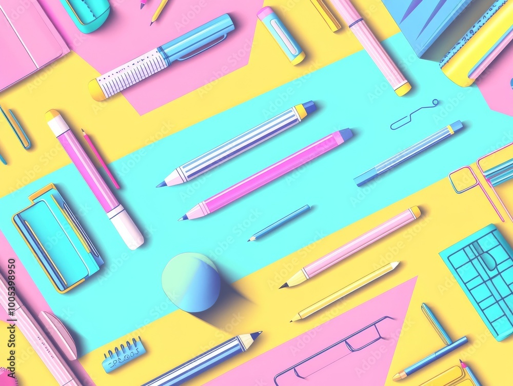 2408 84.A stylish and trendy vector design with school supplies like pens, paper, and markers set against a pastel-colored background. The elements are arranged in a dynamic and balanced composition, 2408 84.A stylish and trendy vector design with school supplies like pens, paper, and markers set against a pastel-colored background. The elements are arranged in a dynamic and balanced composition,