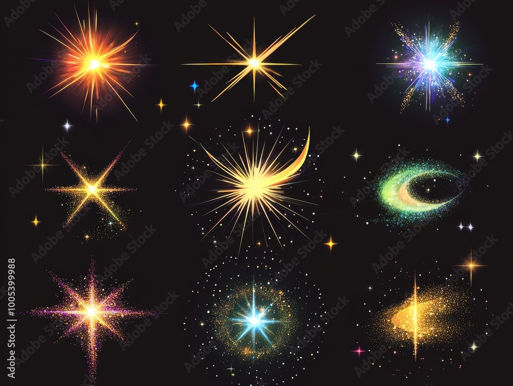 Naklejka premium 2408 99.A dynamic set of glimmering stars, sparks, and twinkling effects, featuring a mix of circular and starburst shapes. The illustrations include both soft and sharp edges, perfect for creating