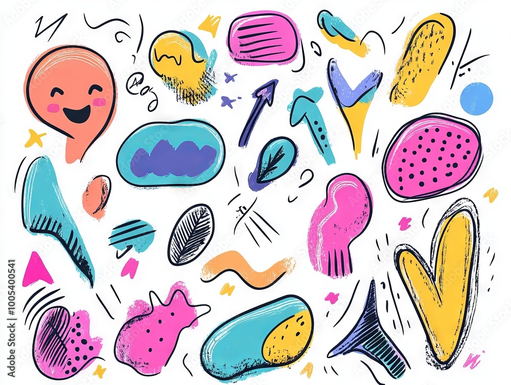 2408 108.A creative set of funky speech bubbles, contemporary figures, and hand-drawn arrows with a groovy, doodle style. Each element is designed with exaggerated curves and playful lines, perfect