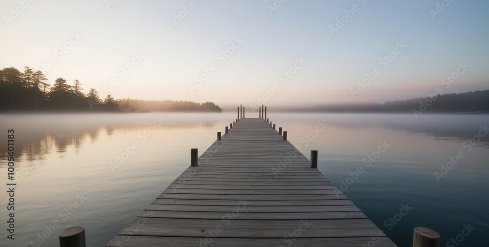 Naklejka premium Peaceful morning scene featuring a wooden dock vanishing into the foggy horizon.