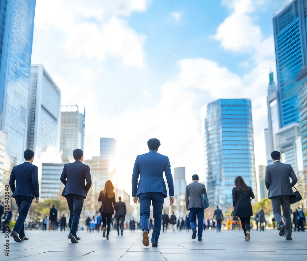 Obraz premium Ambition's Ascent: Businesspeople stride purposefully through a modern cityscape, their backs to the camera, conveying a sense of forward momentum and collective ambition.