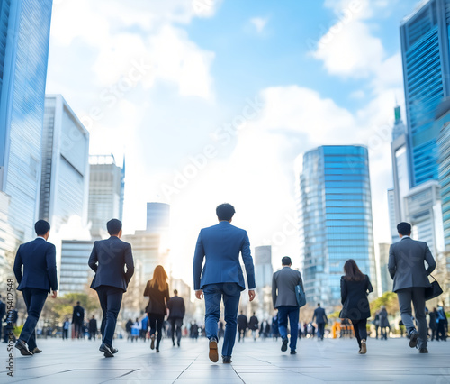 Ambition's Ascent: Businesspeople stride purposefully through a modern cityscape, their backs to the camera, conveying a sense of forward momentum and collective ambition.