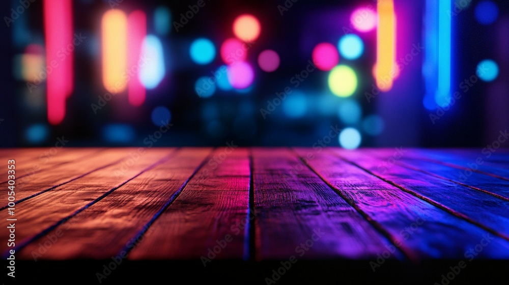 Wooden Tabletop with Neon Lights Blurred in Background Wooden Tabletop with Neon Lights Blurred in Background
