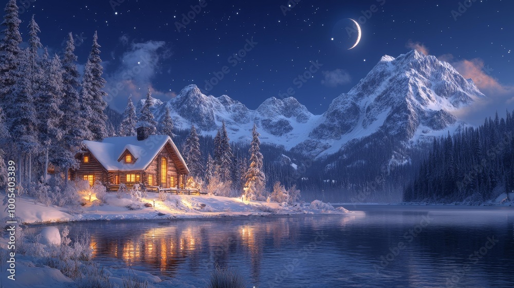 Fototapeta premium Snowy Cabin by a Frozen Lake in Winter Night Generative AI