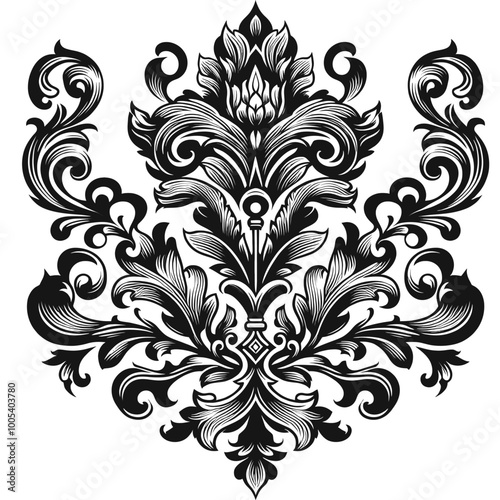 Elegant Damask Floral Design Black and White Vintage Ornament Illustration