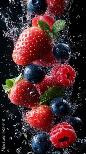 Fresh berries submerged in water, creating bubbles and vibrant colors, ideal for healthy eating and nature themes.