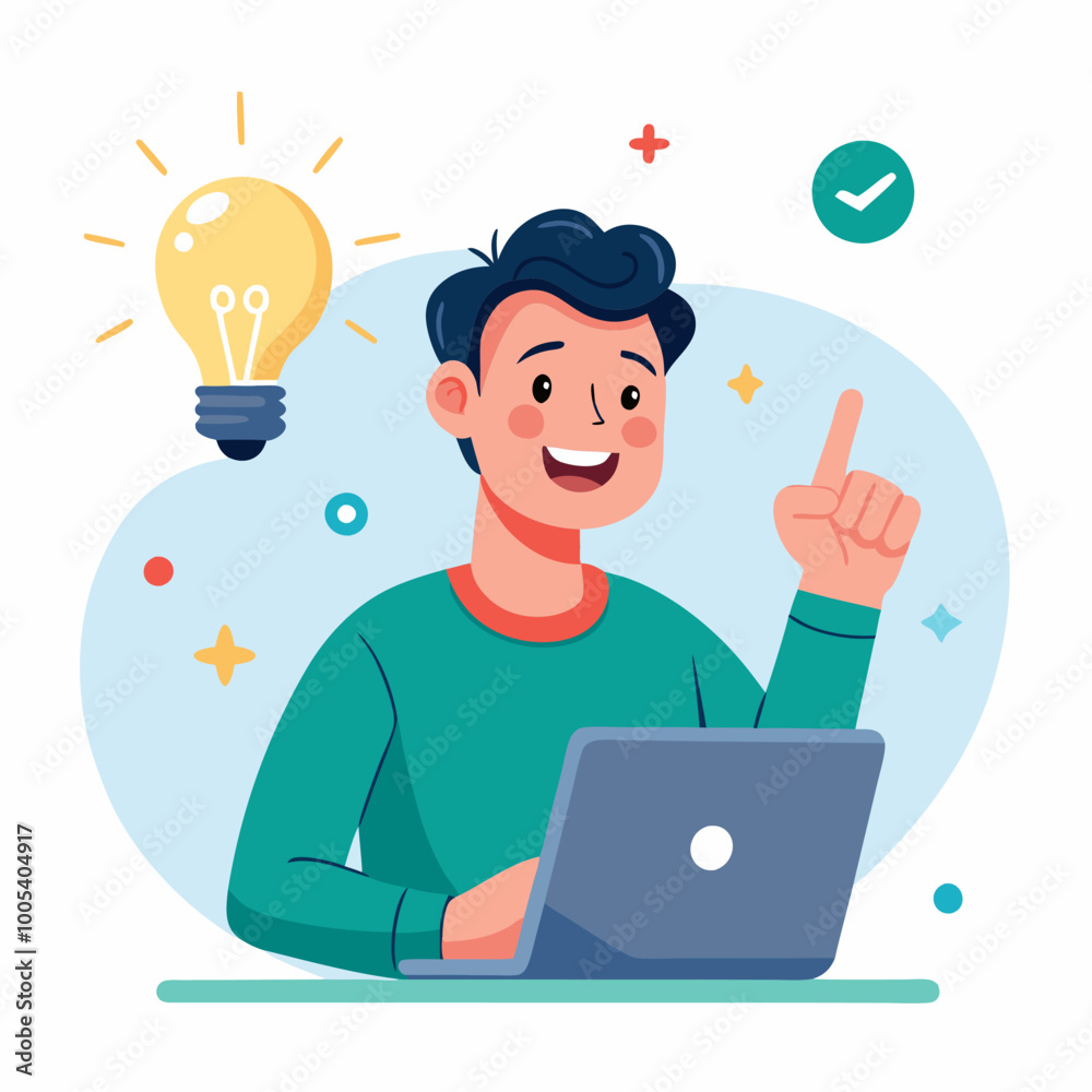 Young smiling man working on the laptop computer and pointing finger up to bulb. Creativity innovation and business idea concept. Young smiling man working on the laptop computer and pointing finger up to bulb. Creativity innovation and business idea concept.