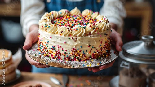 A person in a kitchen proudly displays a vibrant, multi-layer cake adorned with colorful sprinkles, showcasing their baking skills in a cozy atmosphere.