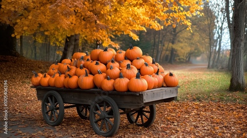 Pumpkin-filled cart sitting on a leaf-covered trail, capturing the warm and cozy essence of the autumn harvest season.