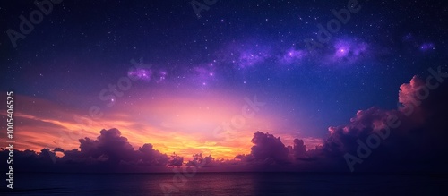 A breathtaking view of the Milky Way galaxy over the ocean, with vibrant purple and orange hues in the sky. The clouds are fluffy and the water is calm.