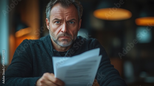 Serious businessman reading documents in cafe looking concerned