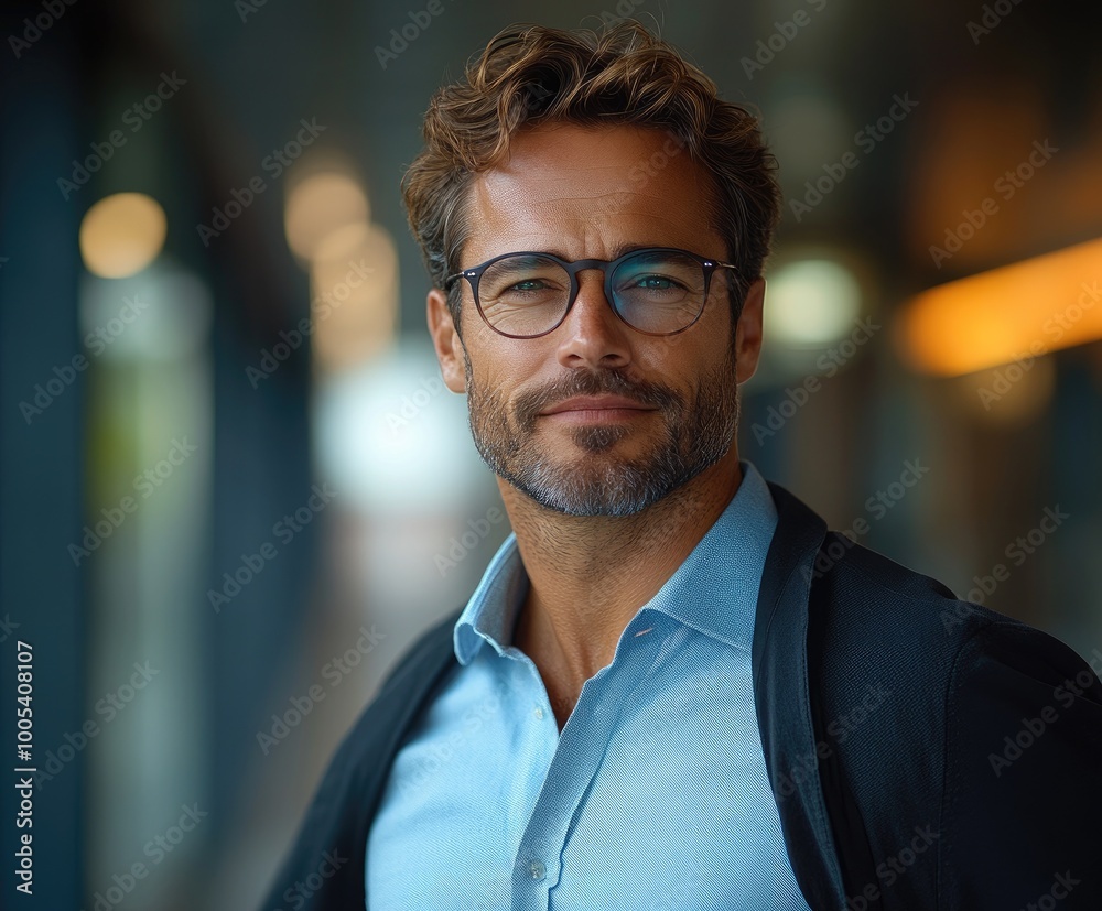 Obraz premium Confident businessman wearing glasses smiling in office building