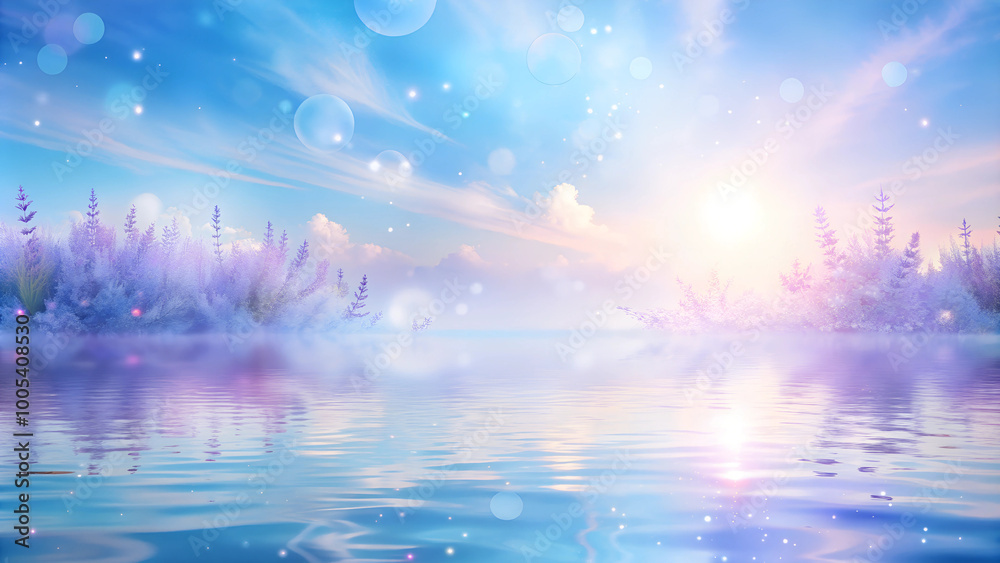 Fototapeta premium Dreamy landscape with shimmering water and soft pastel colors at sunset 