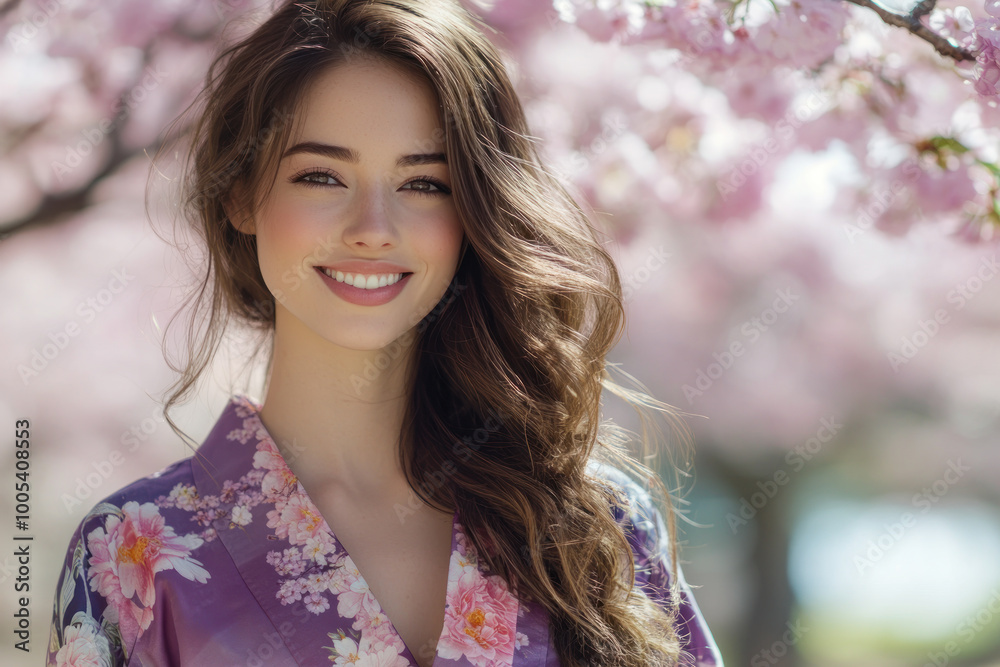 Naklejka premium Canadian woman wearing japanese kimono with cherry blossom background