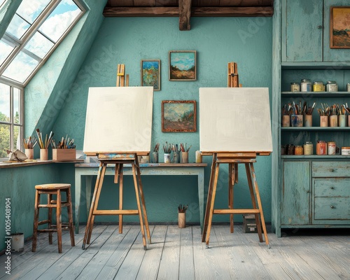 Art studio with empty canvases, wooden easels, and colorful paint supplies, cozy and inspiring atmosphere. photo