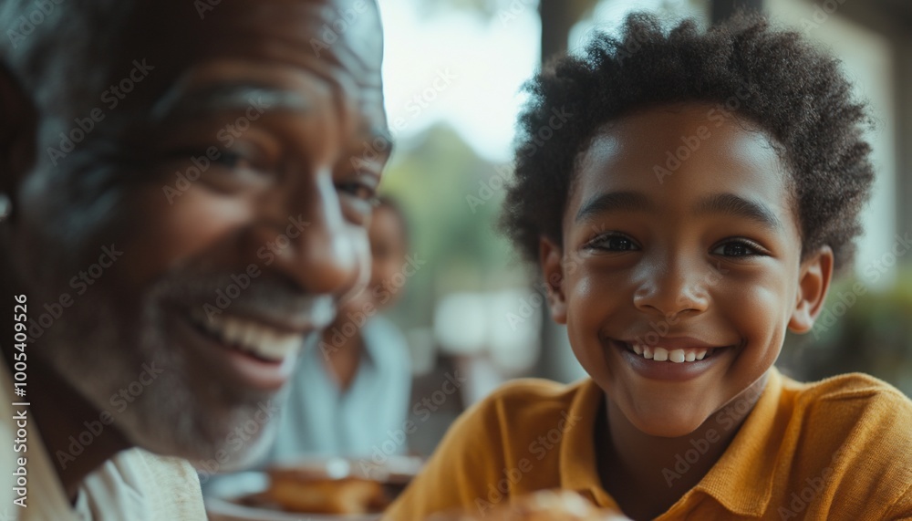 A close-up portrait of a happy grandfather and grandson smiling at the camera. A close-up portrait of a happy grandfather and grandson smiling at the camera.