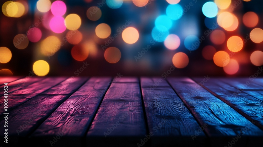 Wooden Surface Illuminated by Colorful Bokeh Lights Wooden Surface Illuminated by Colorful Bokeh Lights