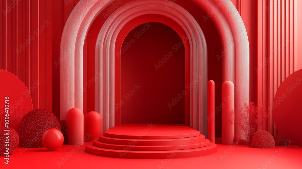 Red abstract archway with a platform for product display. Red abstract archway with a platform for product display.