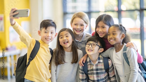 Class selfie in an elementary school. Kids taking a picture together in a co-ed school