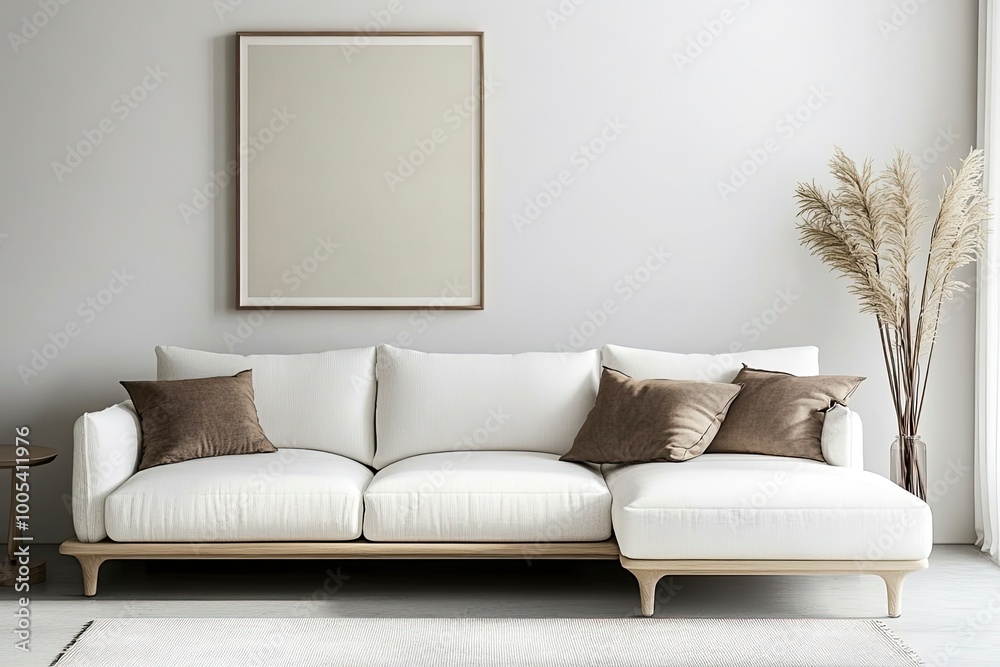 Modern, white minimalist interior. Modern interior design for posters in the living room layout with a white sofa with space to copy. with generative ai Modern, white minimalist interior. Modern interior design for posters in the living room layout with a white sofa with space to copy. with generative ai
