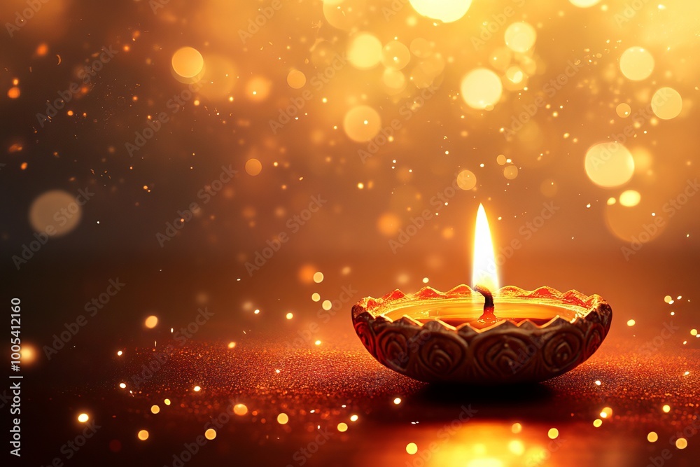 A beautifully lit candle with a warm glow, surrounded by golden bokeh lights, perfect for festive and cozy settings.