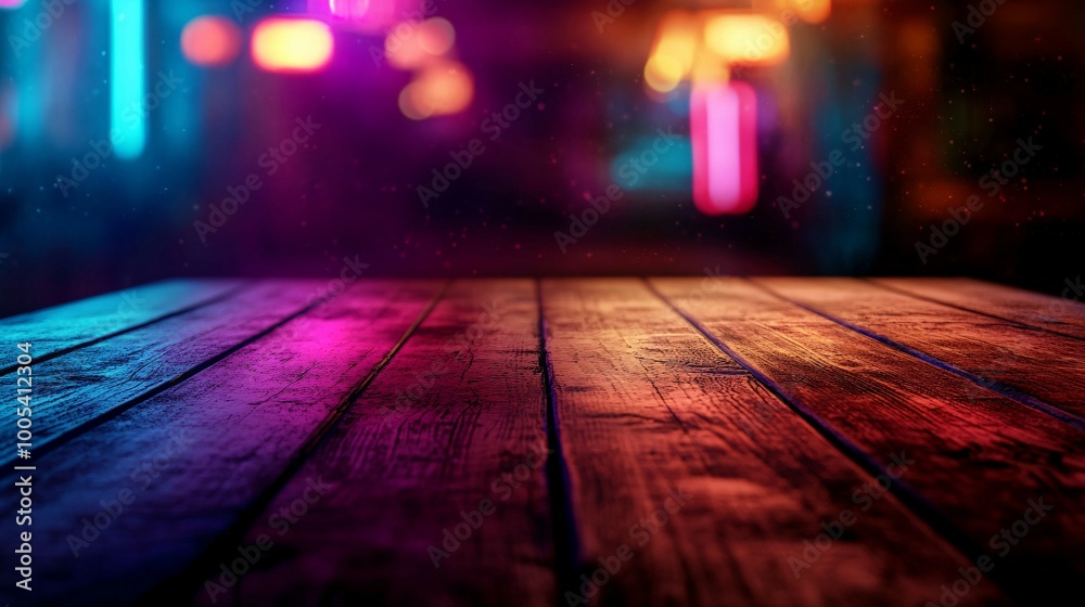 Closeup of Wooden Table Surface Illuminated by Colorful Blurred Lights
