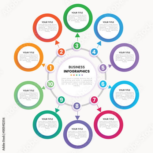 Business infographics template. Timeline with 10 steps, label and marketing icons. Vector illustration.