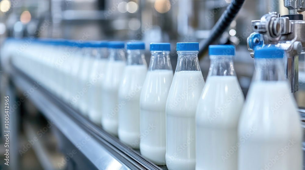 Bottled Milk on Production Line in Factory Setting Bottled Milk on Production Line in Factory Setting