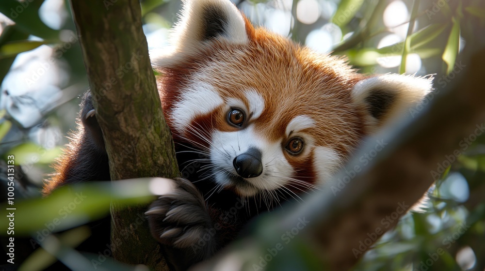 Red panda climbing tree in natural habitat Red panda climbing tree in natural habitat