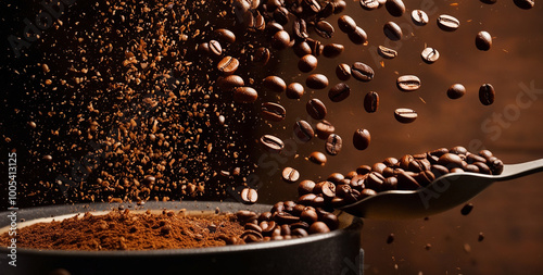 The rich aroma of freshly ground coffee fills the air as roasted beans cascade down onto a bed of dark brown powder.