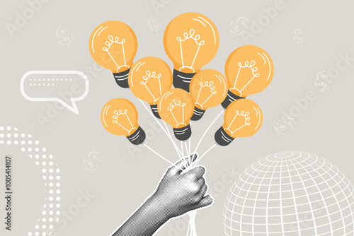 Contemporary halftone collage. Concept of business idea, invention and creativity, finding a solution. Light bulb in the form of balloons. Hands holding ideas, putting together in a bundle.