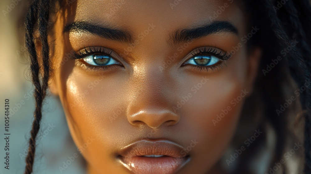 Close-up portrait of a young woman with dreadlocks and piercing blue eyes. Close-up portrait of a young woman with dreadlocks and piercing blue eyes.