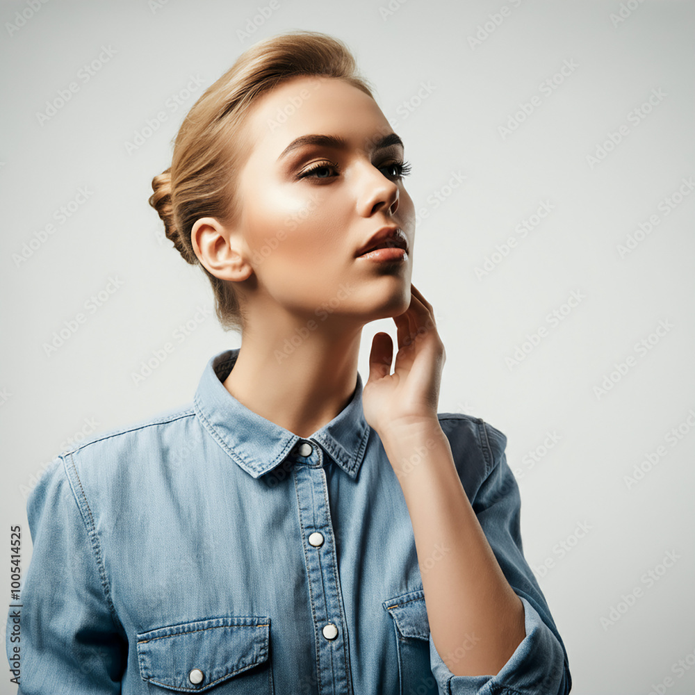 A stunning model is gently caressing her cheek. A stunning model is gently caressing her cheek.