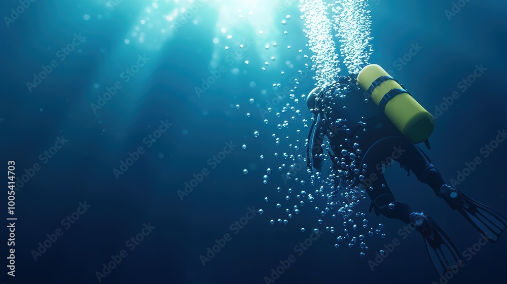 Diver Exploring the Depths of the Ocean with Bubbles Diver Exploring the Depths of the Ocean with Bubbles
