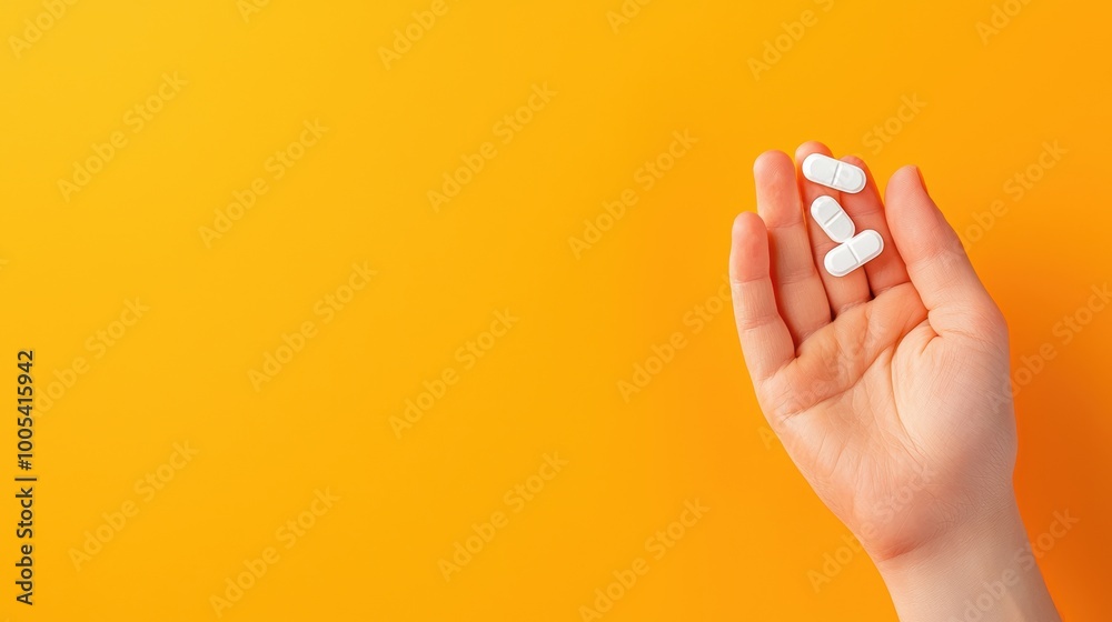 Hand Holding Pills on Vibrant Yellow Background Hand Holding Pills on Vibrant Yellow Background
