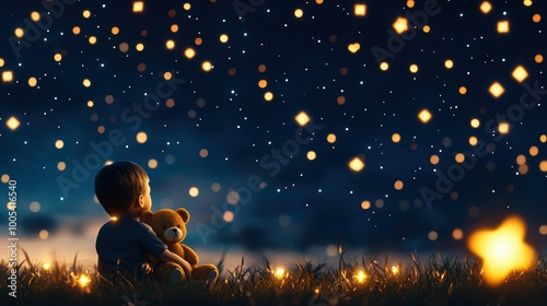 Child Gazing at Stars with Teddy Bear in Night Sky