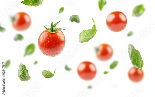 Falling Cherry Tomatoes and Basil Leaves