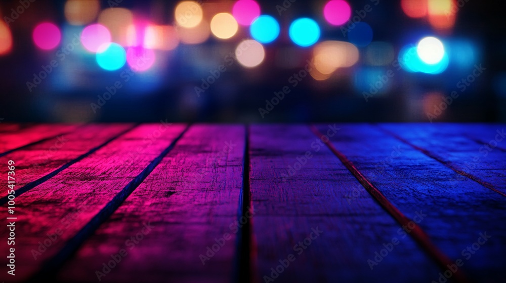 Wooden Surface Illuminated by Colorful Bokeh Lights Wooden Surface Illuminated by Colorful Bokeh Lights