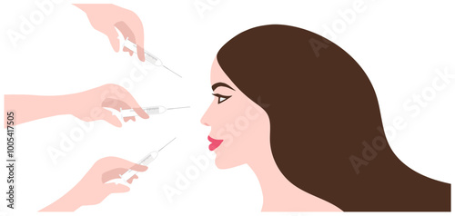 Dermal filler injections. Woman face with doctor hands in gloves with syringe. Beauty lifting anti-aging treatment vector illustration.